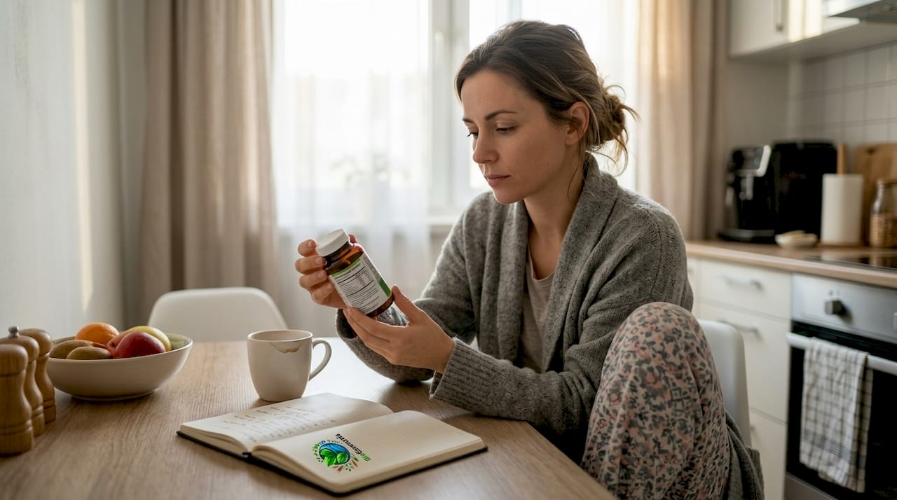 Woman reading probiotic supplement bottle at kitchen table