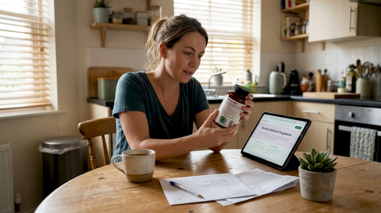 Woman reviews FEMBALANCE supplement at kitchen table