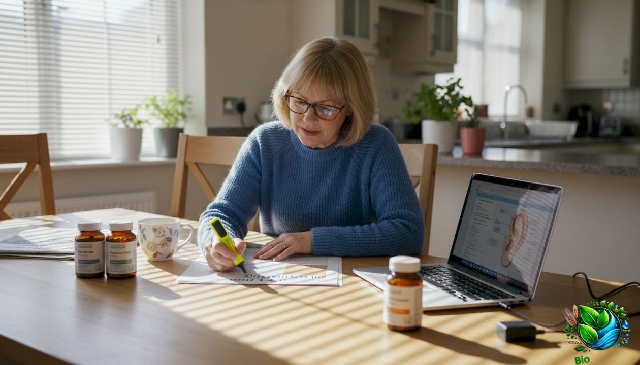 Woman reading ear wellness article at kitchen table