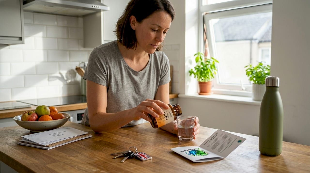 Adult opening CHEERS DHM capsules in morning kitchen