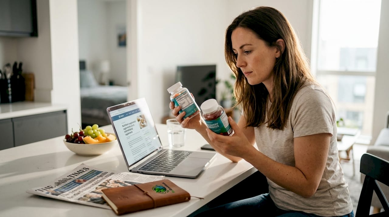 Woman reading recovery gummy label in kitchen