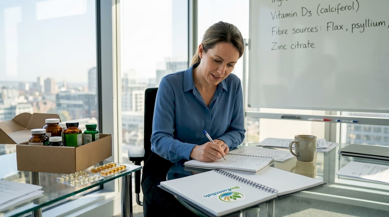 Manager reviewing supplement formula notes