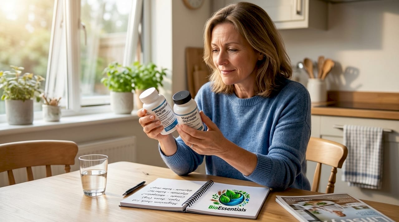 Woman comparing magnesium supplement bottles at kitchen table