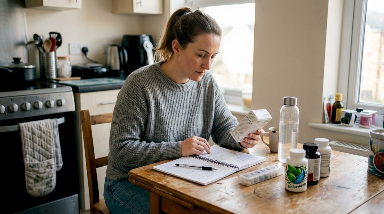 Woman checking supplement information at table