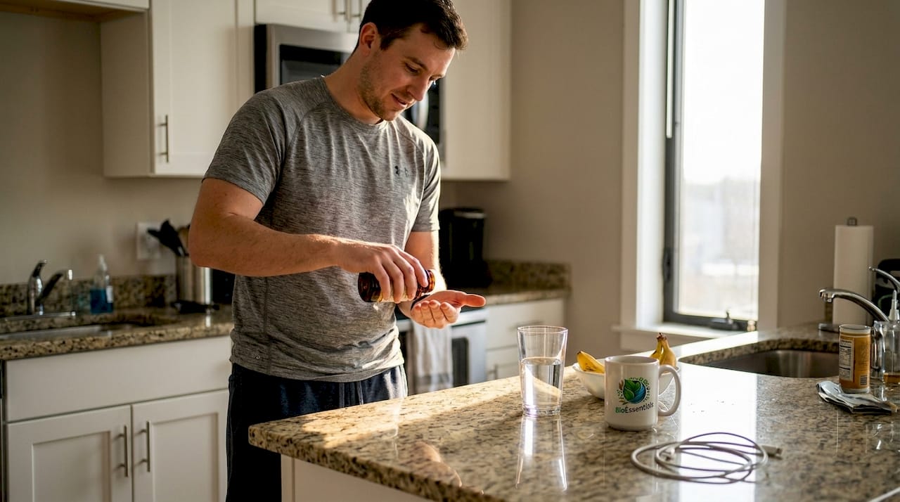 Man preparing DHM supplement in kitchen