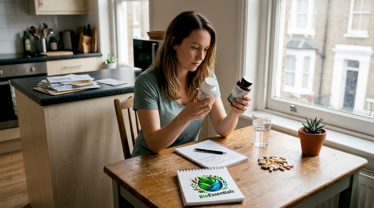 Woman comparing two magnesium supplement bottles