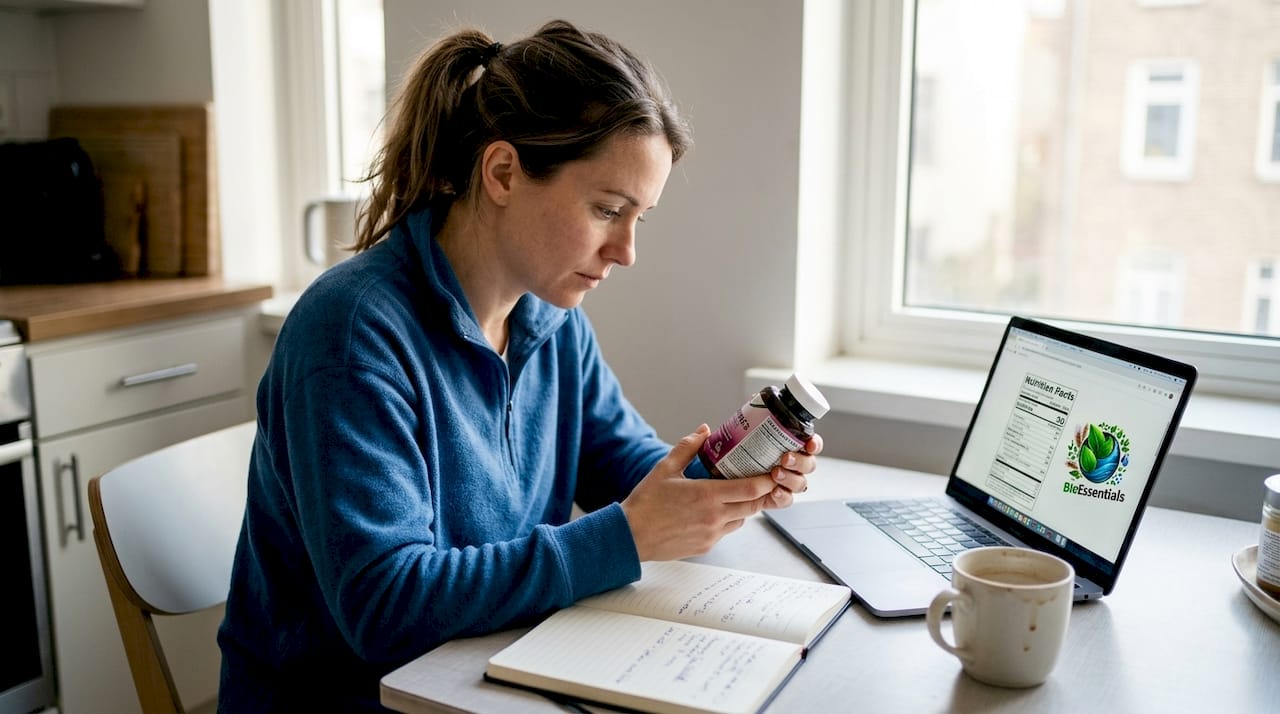 Woman reading supplement label at kitchen table