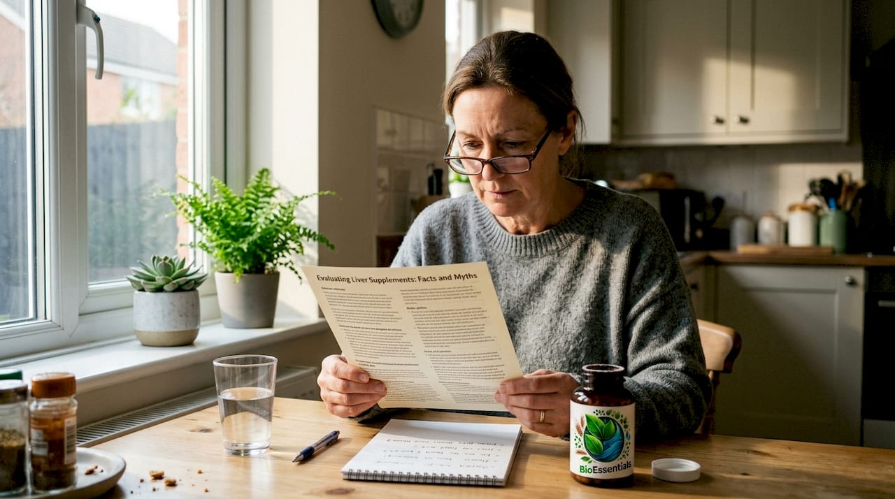Woman reading liver supplement info at kitchen table