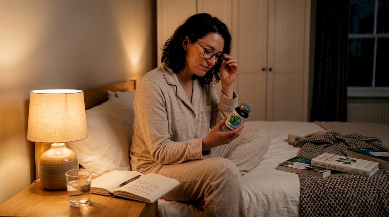 Woman reading sleep supplement label before bed