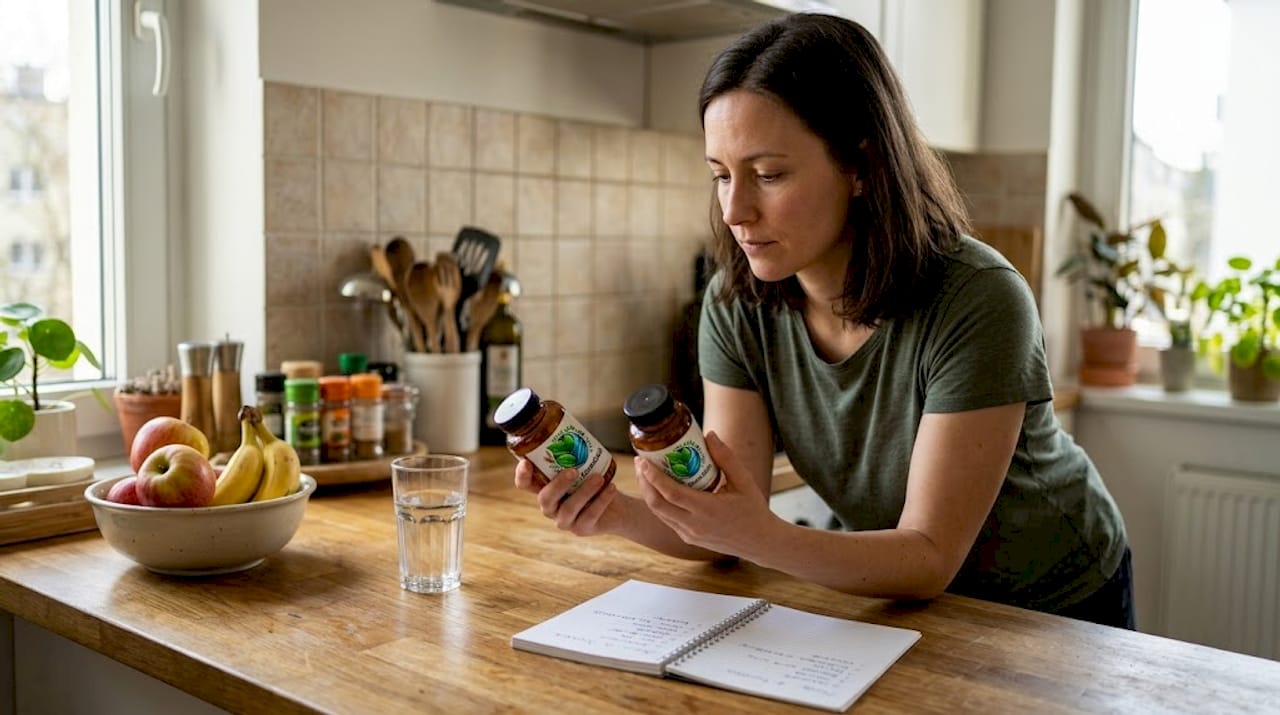 Woman comparing supplement bottles in kitchen