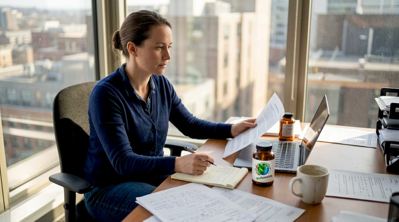 Scientist reviewing supplement evidence at desk