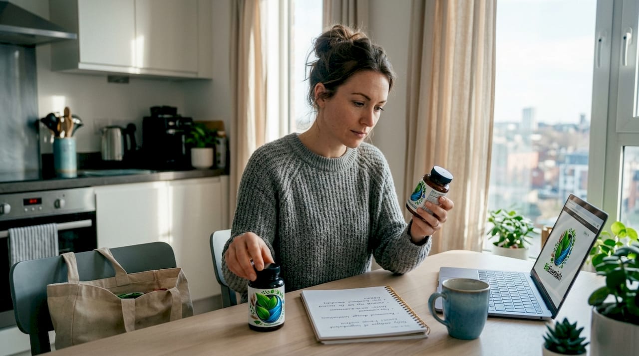 Woman reading supplement labels at kitchen table