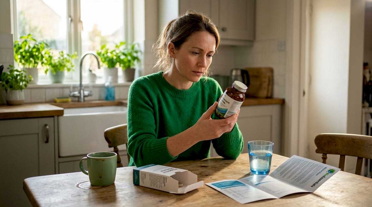Woman reading supplement label at kitchen table