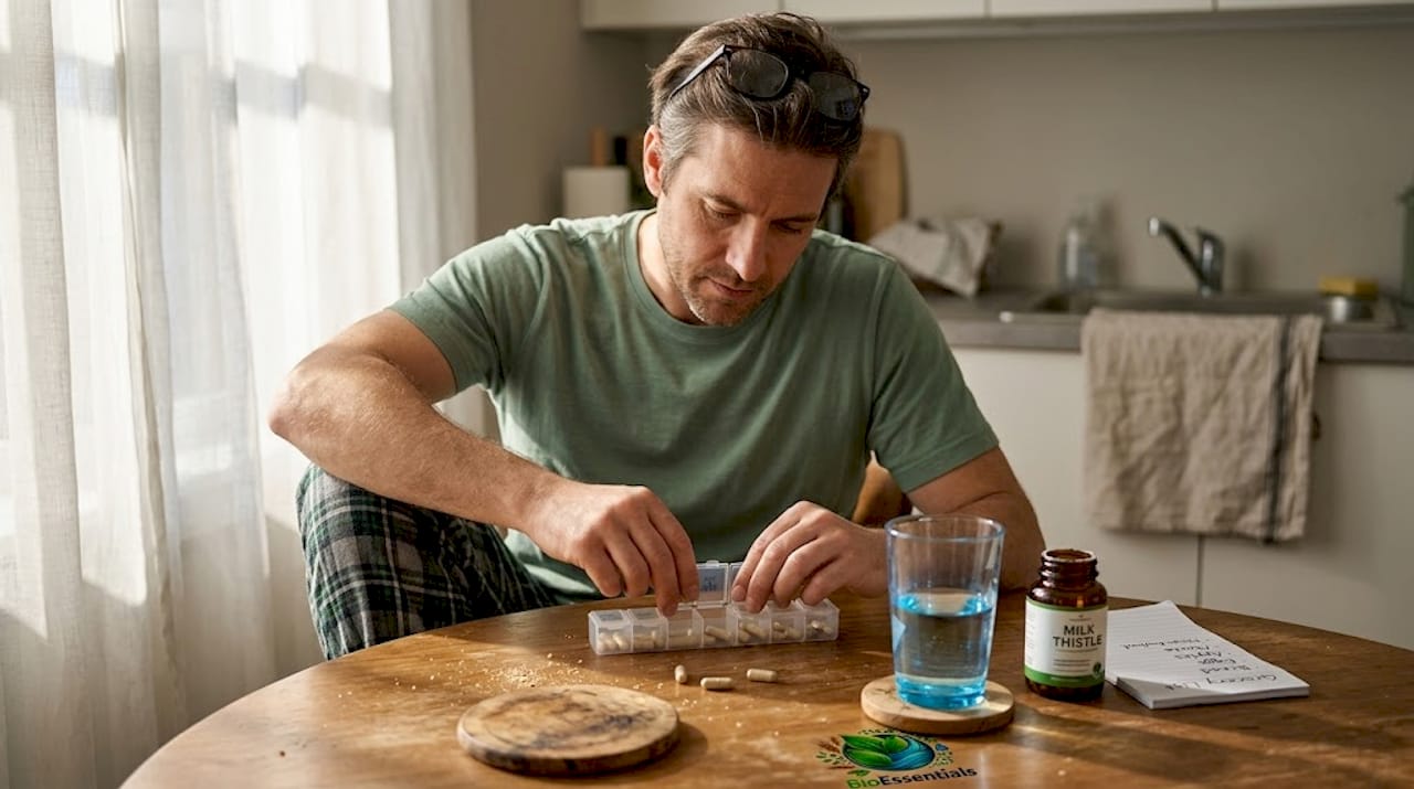 Man organizing daily liver support supplements