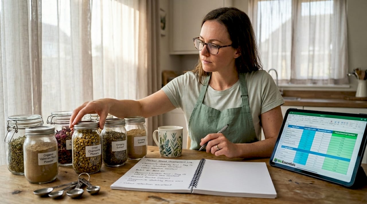 Product developer reviewing herbal supplement jars