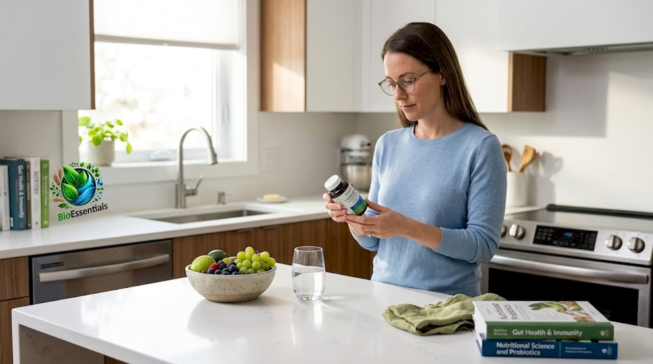 Woman reading supplement label at kitchen counter