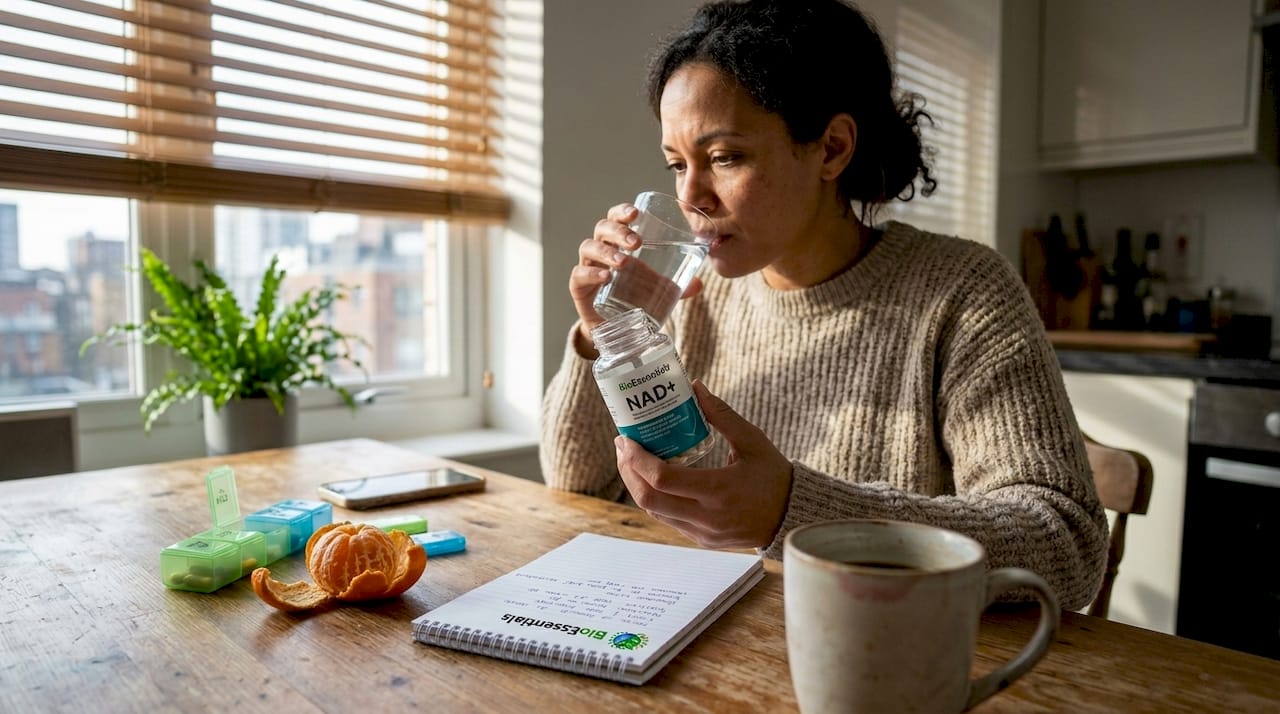 Woman studying NAD supplement during breakfast
