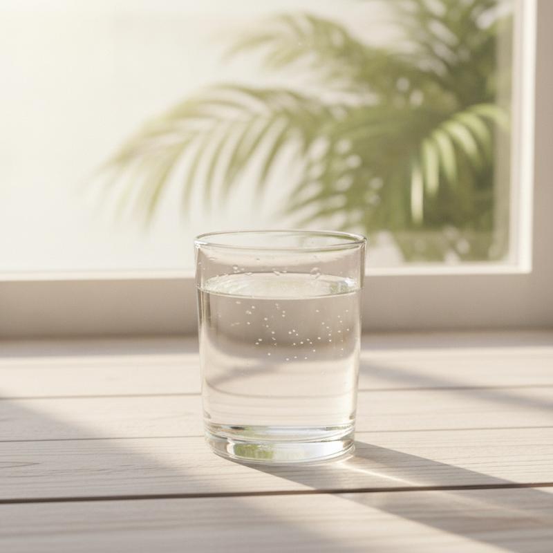 Calm morning wellness scene with a glass of water and daylight, representing daily liver support and antioxidant balance