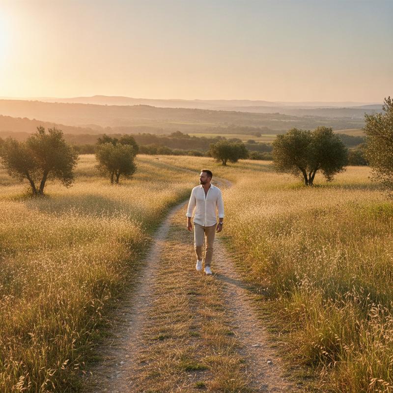 Man walking through a sunlit Mediterranean dry-grassland landscape at sunrise - Vitalux Men Tribulus wellness guide