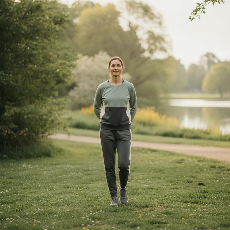 Calm adult walking outdoors in soft morning daylight, conveying steady everyday energy and vitality
