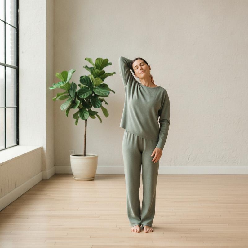 Person stretching calmly in soft natural light, conveying relaxed muscle and nervous-system balance