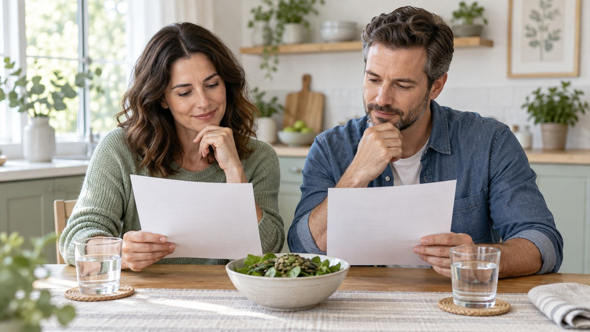 Two adults comparing neutral supplement notes at a bright kitchen table without packaging