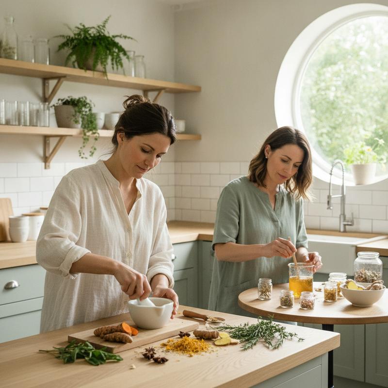 Two women in a sunlit botanical kitchen sharing a calm monthly wellness routine - FemBalance comfort support