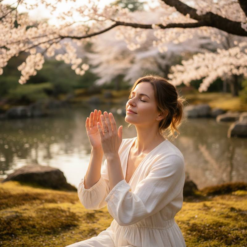 Woman listening peacefully in a quiet natural setting. ACUSILENCE ear wellness. BioEssentials.