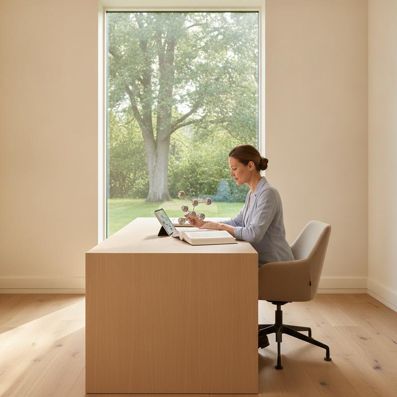 A focused professional working calmly under pressure in soft natural morning light, MindBoost cognitive support