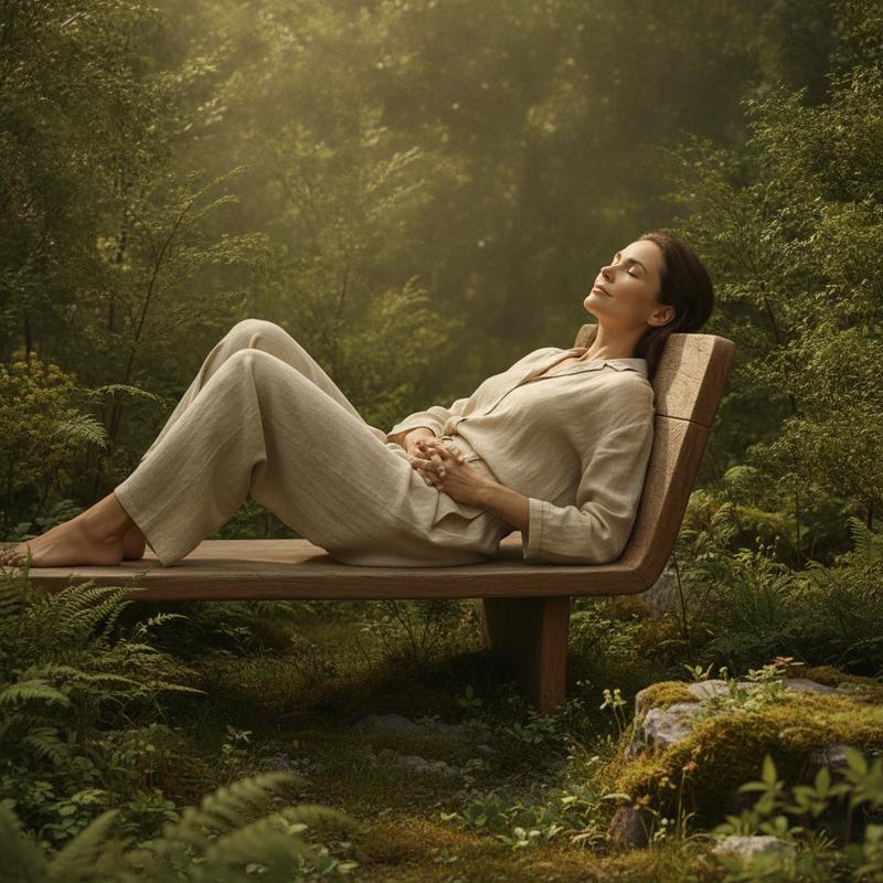 Calm woman resting in a natural setting, representing steady monthly comfort supported by mineral nutrition
