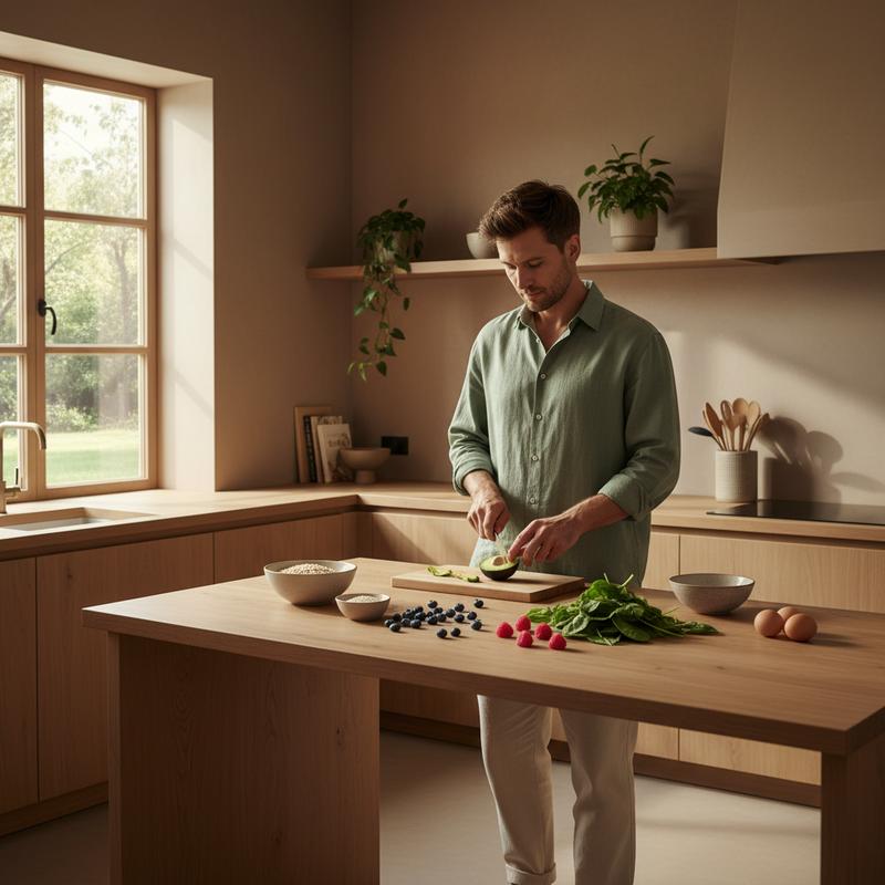 Man in his 30s preparing a healthy morning routine in a premium sunlit kitchen — Speridix male reproductive support supplement