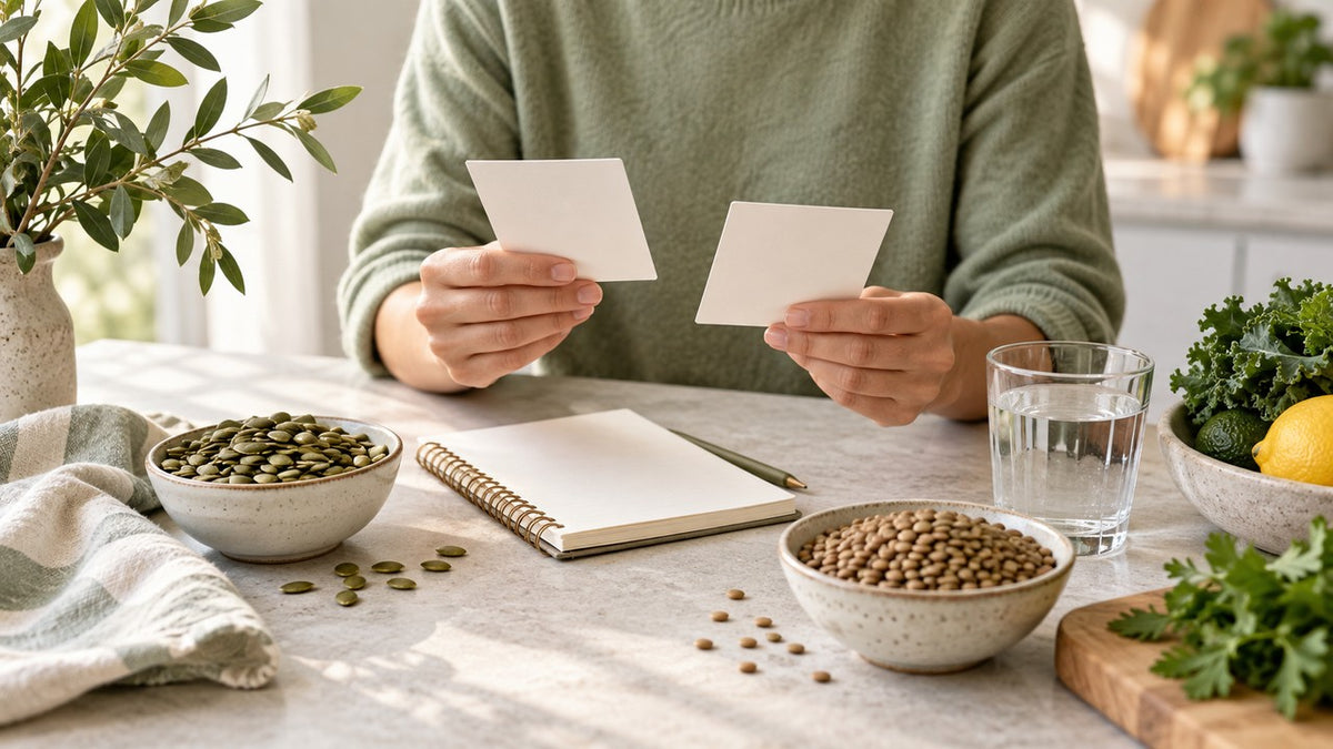 Adult hands comparing blank cards beside a notebook, water and bowls of seeds and lentils