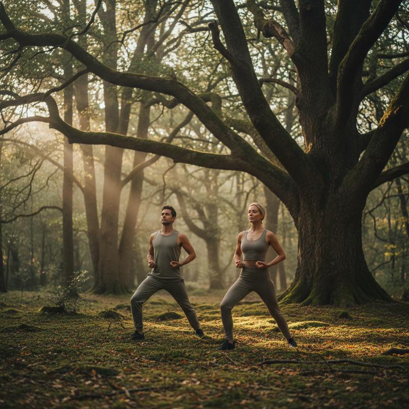 Person in a peaceful forest setting embodying natural immunity and wellness with dual-mushroom support