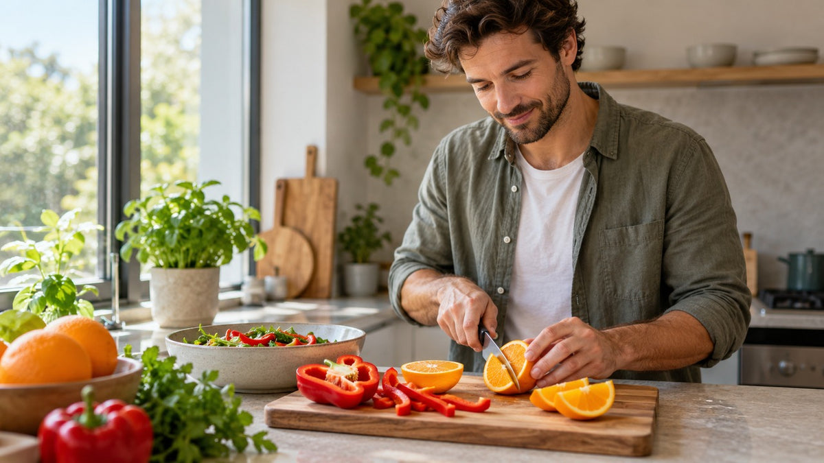 Adult preparing fresh orange and red pepper at a naturally lit kitchen counter