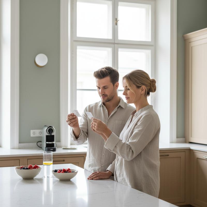 Two wellness-conscious adults comparing supplement labels — BioEssentials vs AG1 modular approach