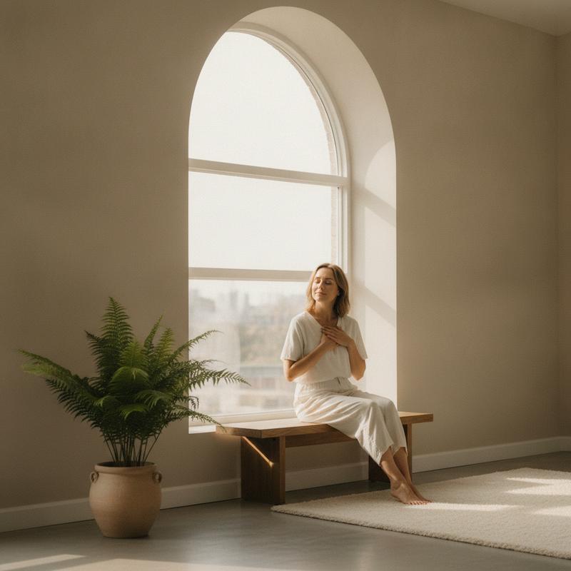 Calm woman resting by a bright arched window in a serene minimalist room — everyday magnesium wellness