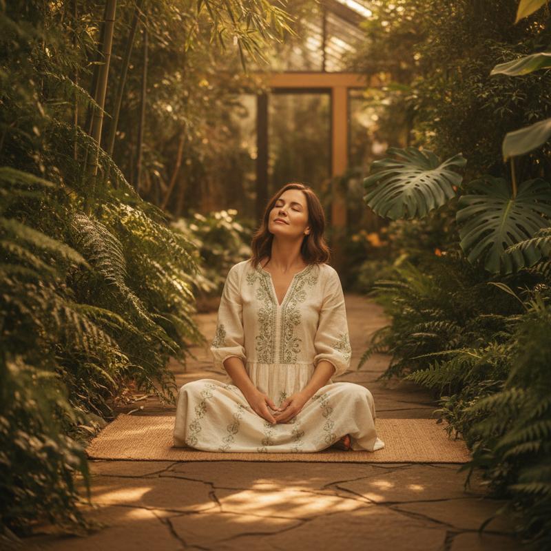 Woman resting calmly in a sunlit botanical garden — SleepWell natural evening wellness