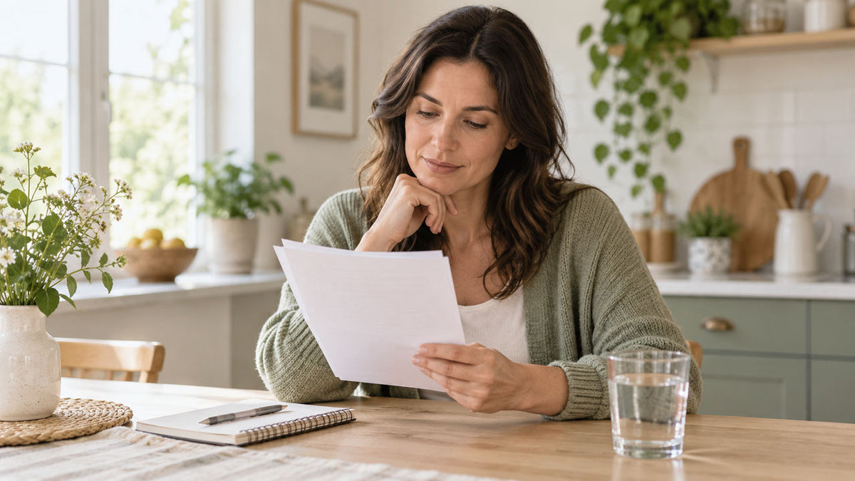 Adult woman reading plain ingredient notes at a bright kitchen table beside a notebook and a glass of water