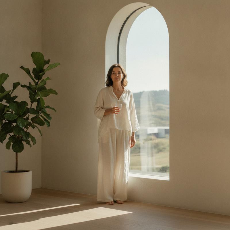 Calm adult by a bright window holding a glass of water during a daily wellness routine - PureDetox vitamin C and E antioxidant support