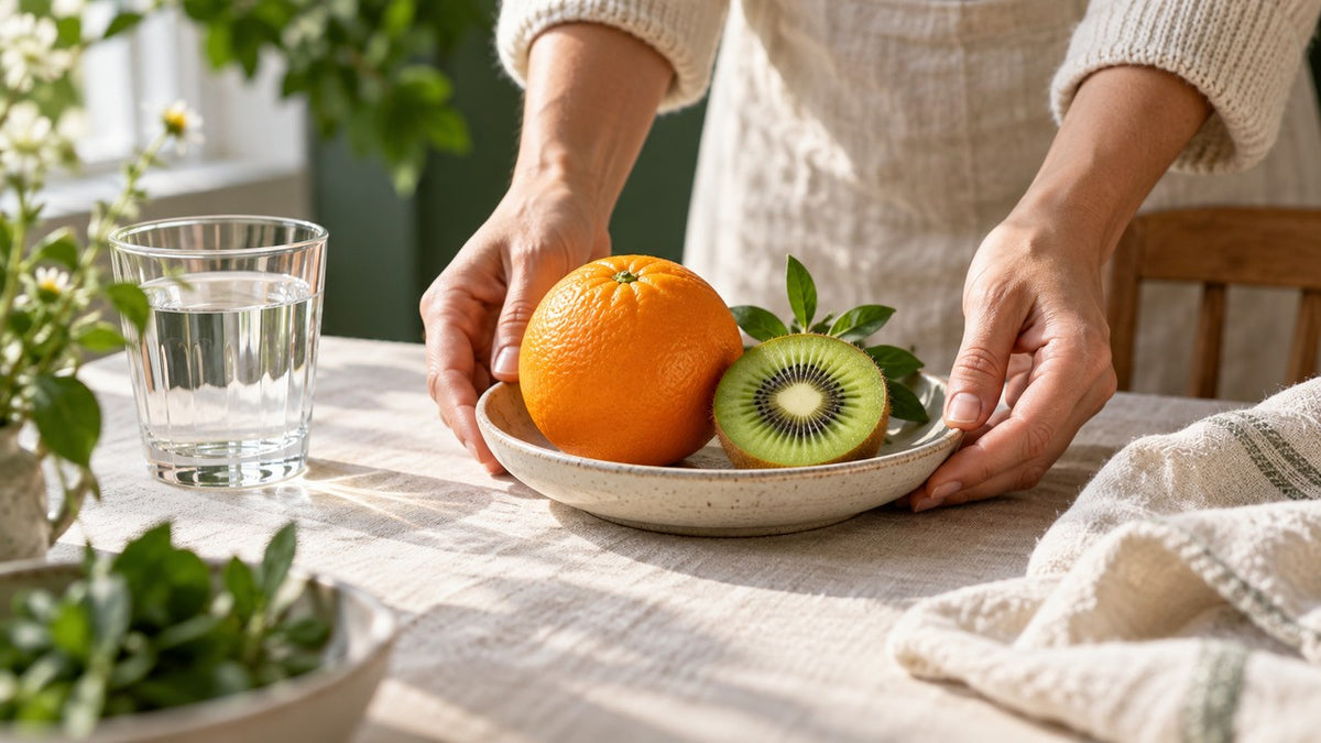 Adult hands placing a plate with orange and kiwi beside a water glass in morning light