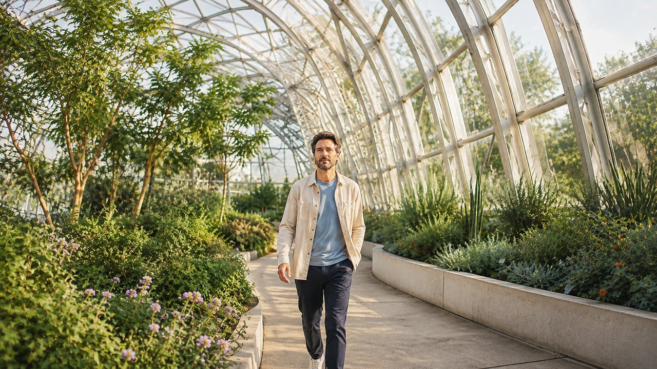 Man walking along a sunlit botanical garden path beside an airy greenhouse