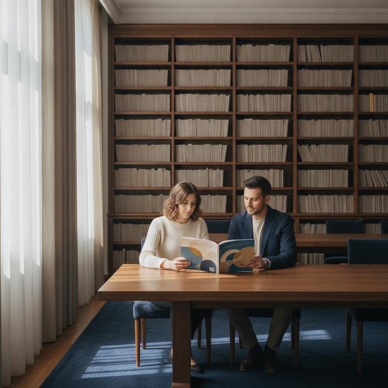 Two adults reviewing a cognitive nutrition journal in a sunlit premium library - MindBoost phosphatidylserine guide