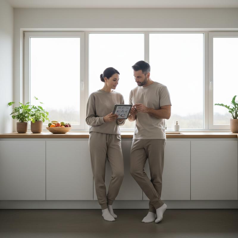 Two adults comparing supplement options in a bright modern kitchen — BioEssentials vs Nature Made