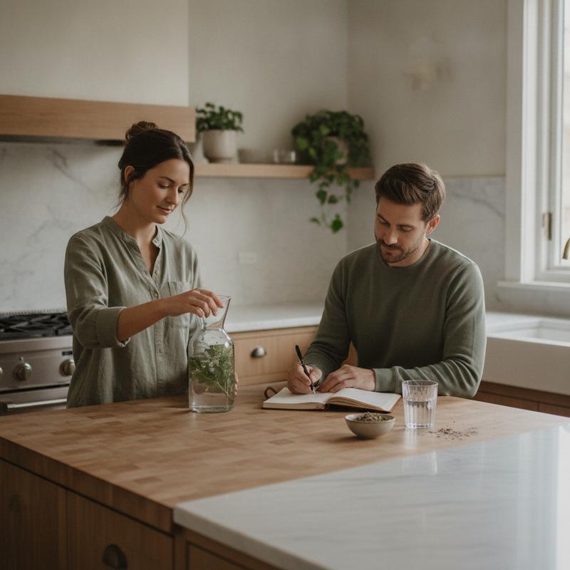 Two adults planning a calm morning wellness routine - REVITAL cellular energy support
