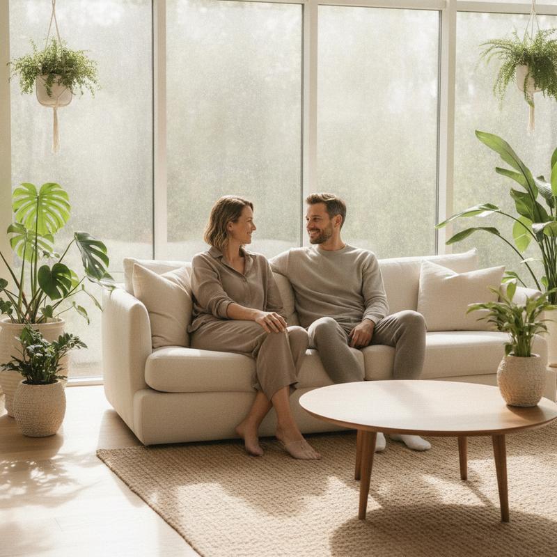 Two friends relaxed and clear-headed in a bright plant-filled room — CHEERS social wellness