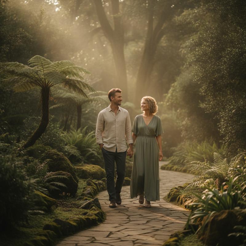 A couple walking through a sunlit botanical garden, a sense of gut wellness and everyday clarity