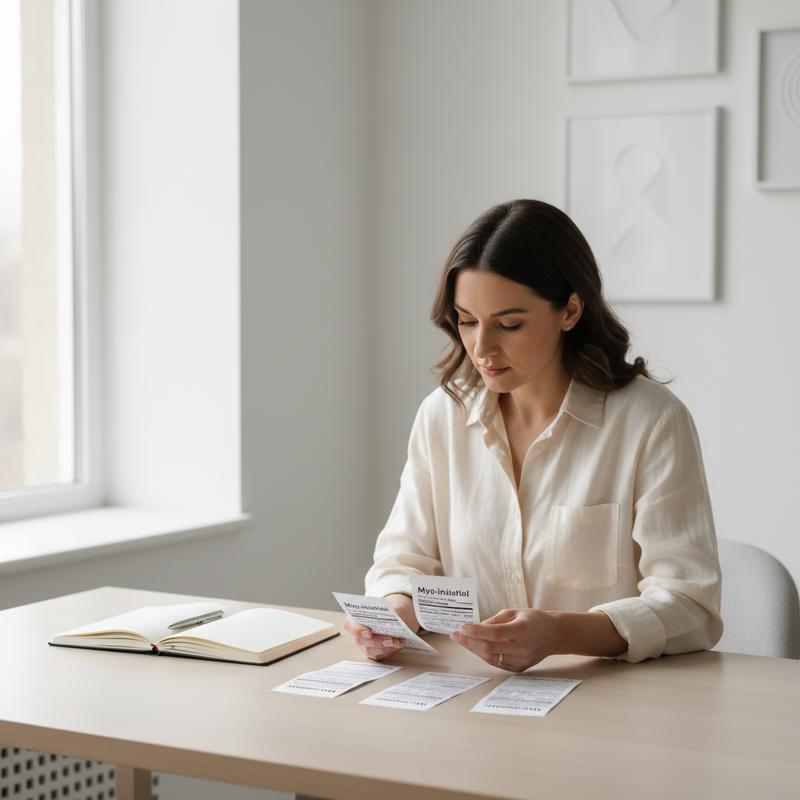 Woman reviewing Myo-Inositol supplement labels in a bright healthcare-adjacent setting — Myo-Inositol buyer's guide PCOS cycle support