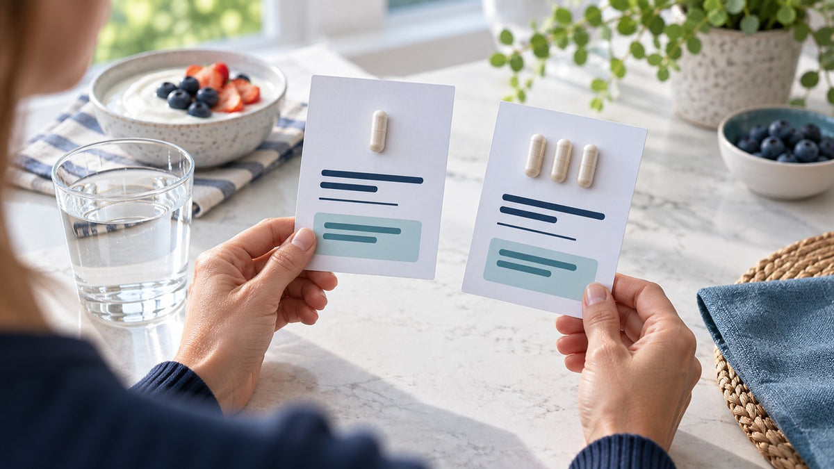 Adult comparing one-capsule and three-capsule instruction cards