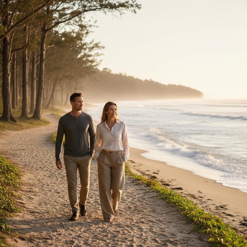 Two adults walking through a sunlit natural path at sunrise, sustained daily energy without stimulants