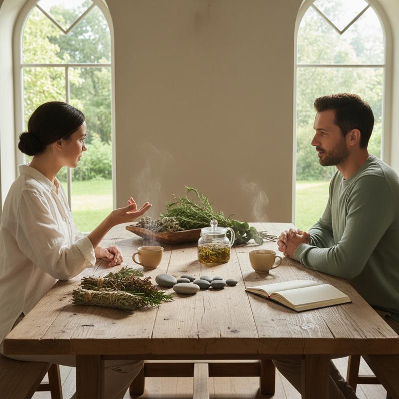 Two adults in a premium natural wellness setting with morning light and botanical elements — BioEssentials modular supplements vs Organifi greens